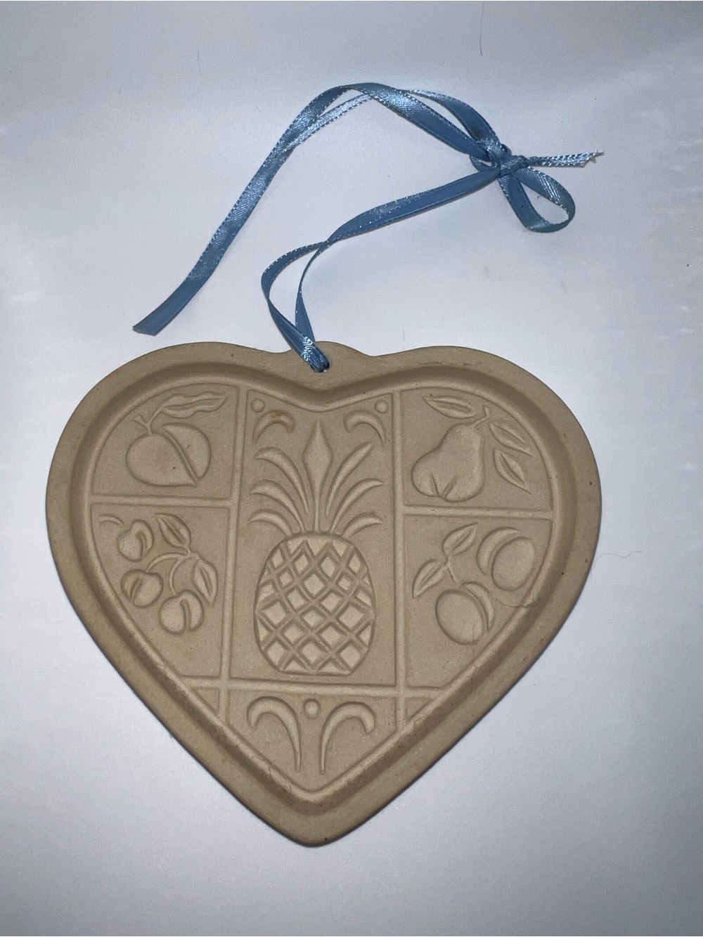 Pampered Chef Beige Ceramic Heart Ornament with Blue Ribbon